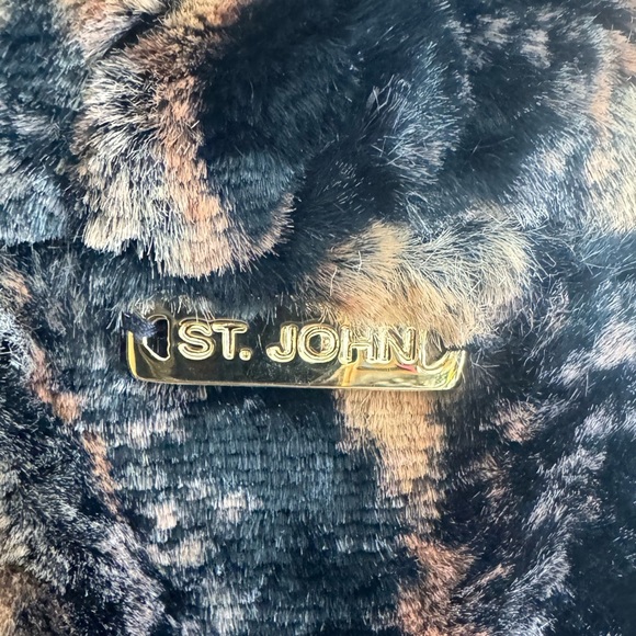 ST. JOHN Leather Trimmed Faux Fur Luxury Knit Jacket Black Tan Size Small - Picture 15 of 15